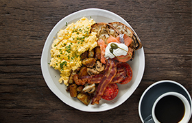 Scrambled eggs, bacon and smoked salmon at Roast