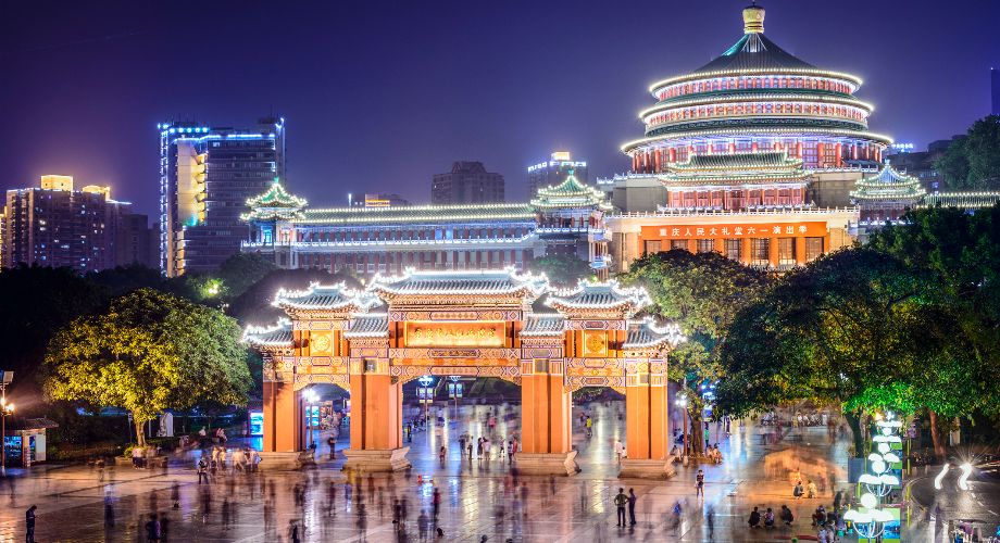 Chongqing’s People’s Assembly Hall lit up at night