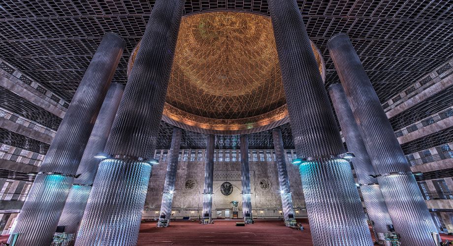 Interior view of Jakarta’s Istiqal Mosque and its golden dome
