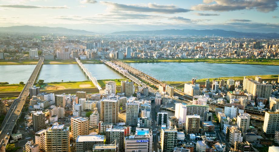 Aerial view of Osaka city with river