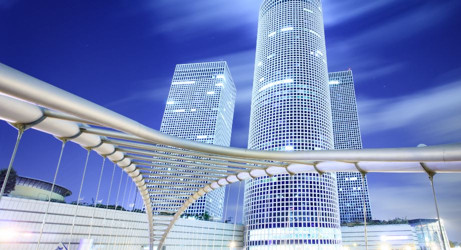 The Azrieli Centre in Tel Aviv lit up at night