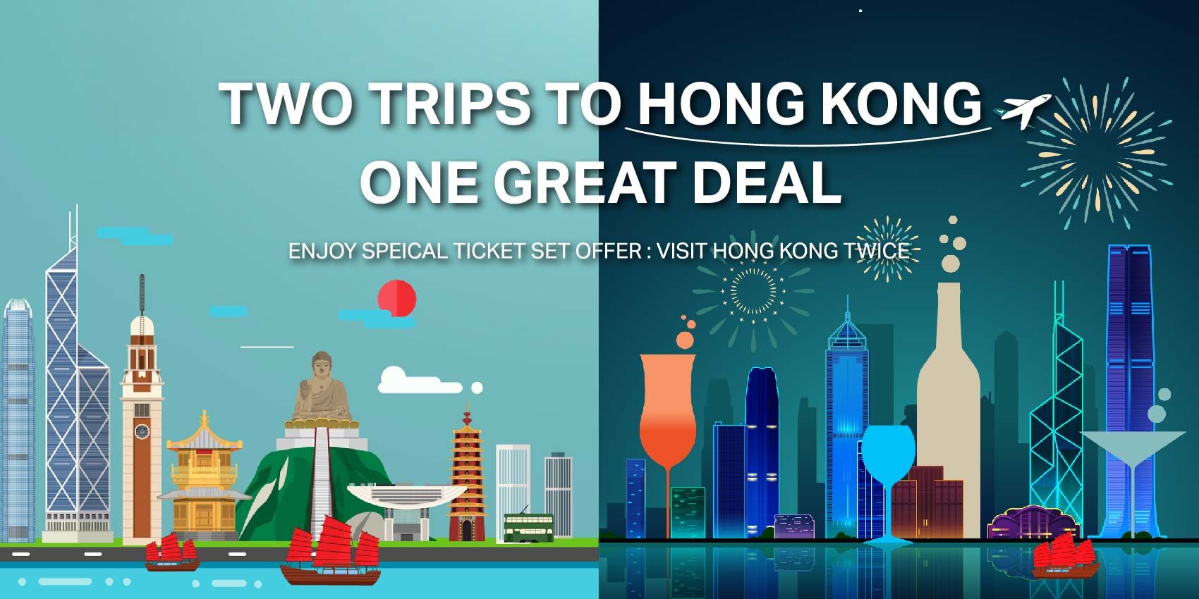 Day and night skyline of Hong Kong for repeat travelers with up to JPY90,000 off two round-trip flights