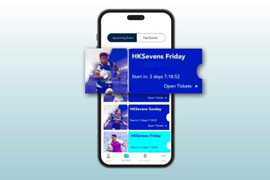 Smartphone screen displaying an event ticketing app with sections labeled ‘Upcoming Event’ and ‘Past Events.’ The visible tickets include ‘HKSevens Friday’ and ‘HKSevens Sunday,’ with countdown timers and an option to open tickets. A highlighted blue ticket for HKSevens Friday shows the start time in 3 days.