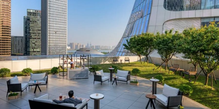 Rooftop terrace featuring city views, lounge seating, and greenery for a relaxing atmosphere.