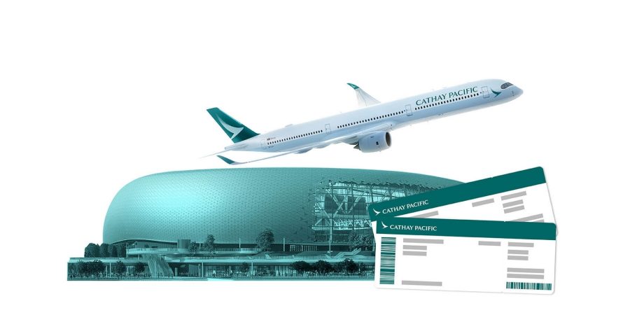 A Cathay Pacific airplane in flight above a modern, curved building with a textured exterior, accompanied by two Cathay Pacific boarding passes in the foreground.