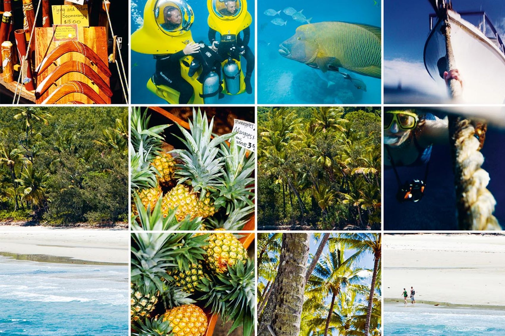 Biking kid, boomerange, pineapples, seashore, angelfish: Argusphoto. Signs, hammock, needlenose fish