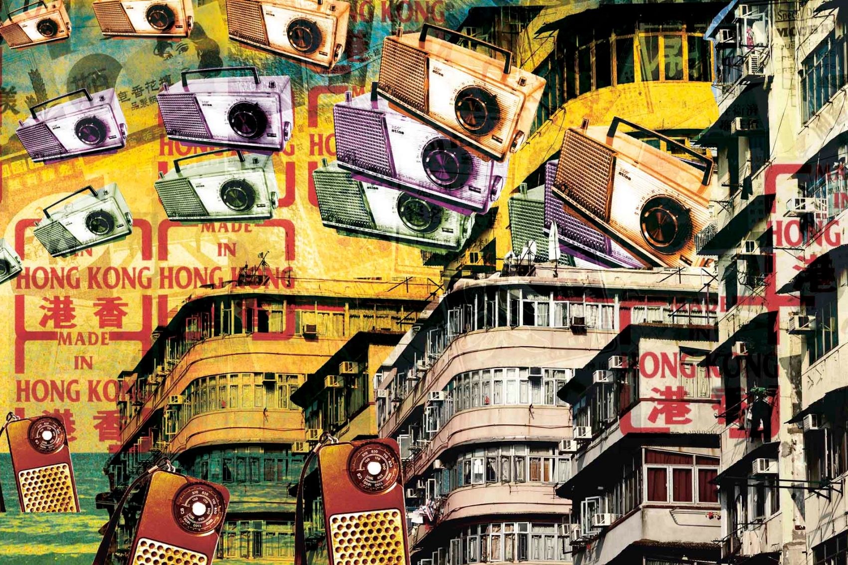 A collage illustration of Hong Kong and electronics. Credit: Stephen Louis