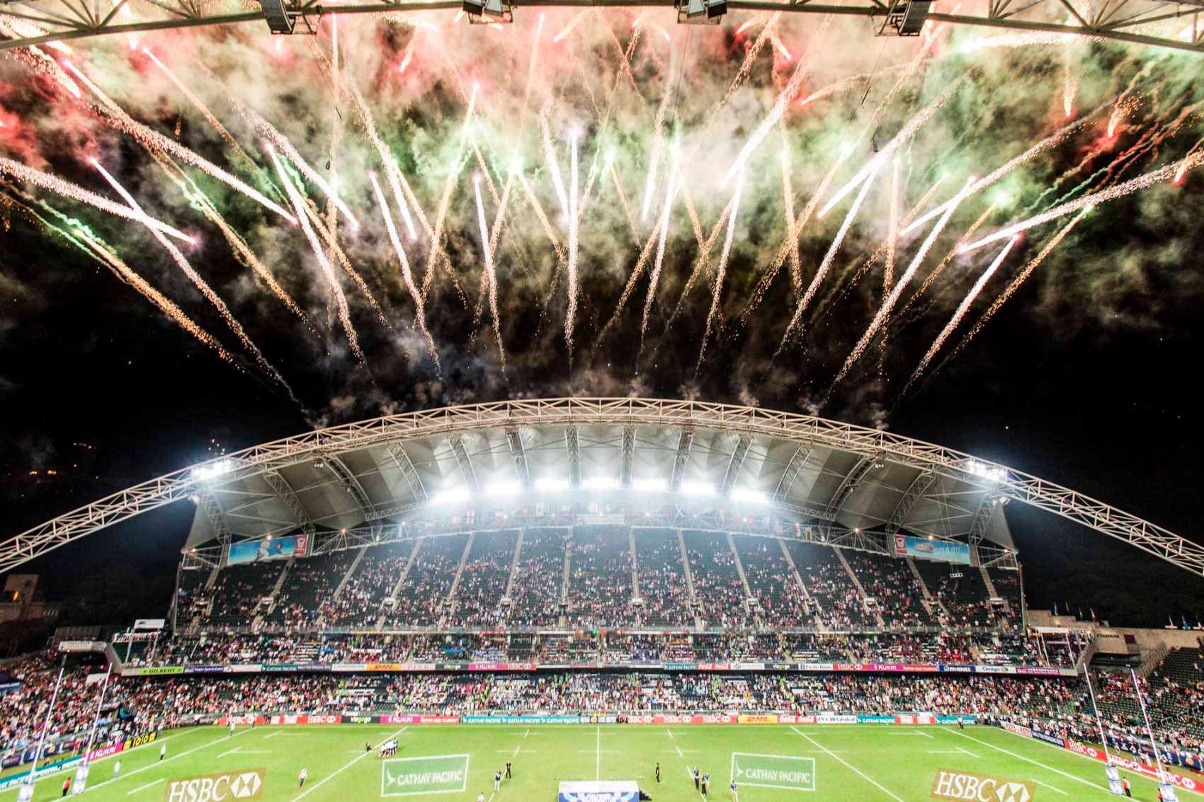 The fireworks over the Hong Kong Rugby Sevens stadium. Credit: Mike Pickles