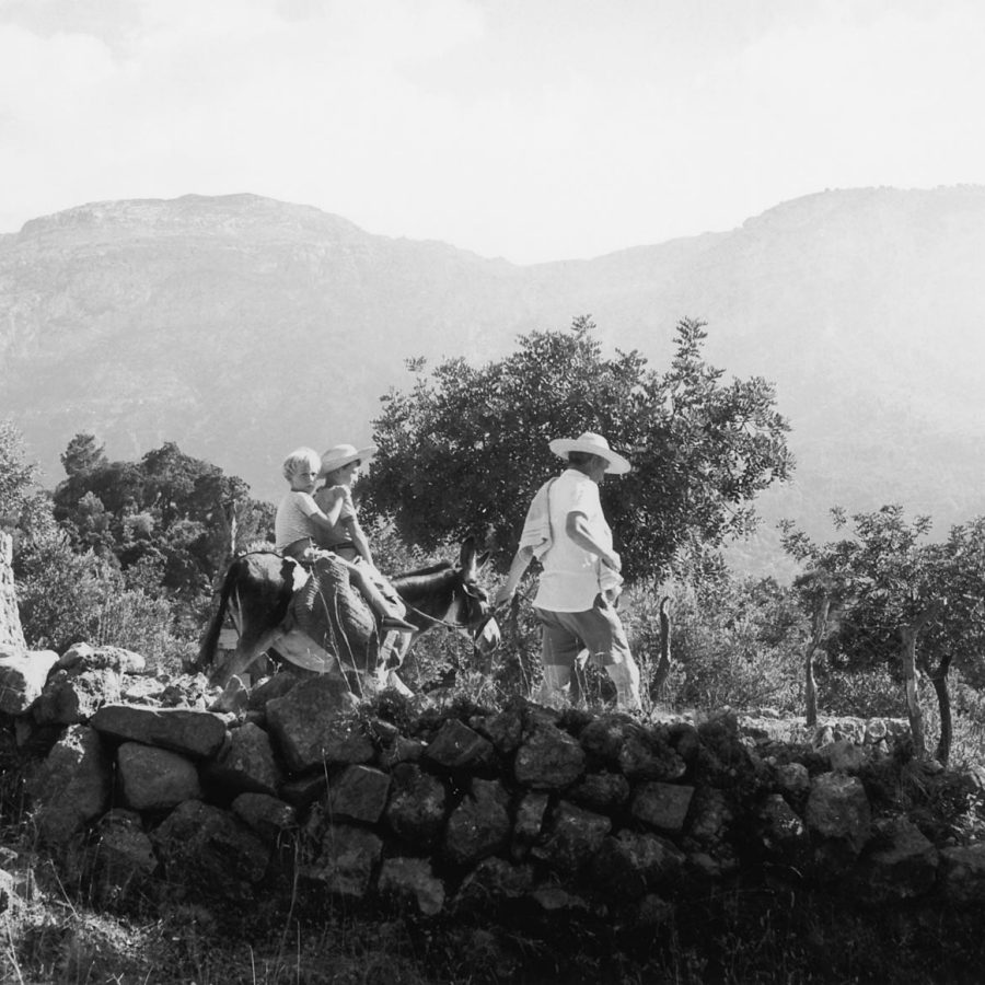 Black and white photo of children riding a donkey