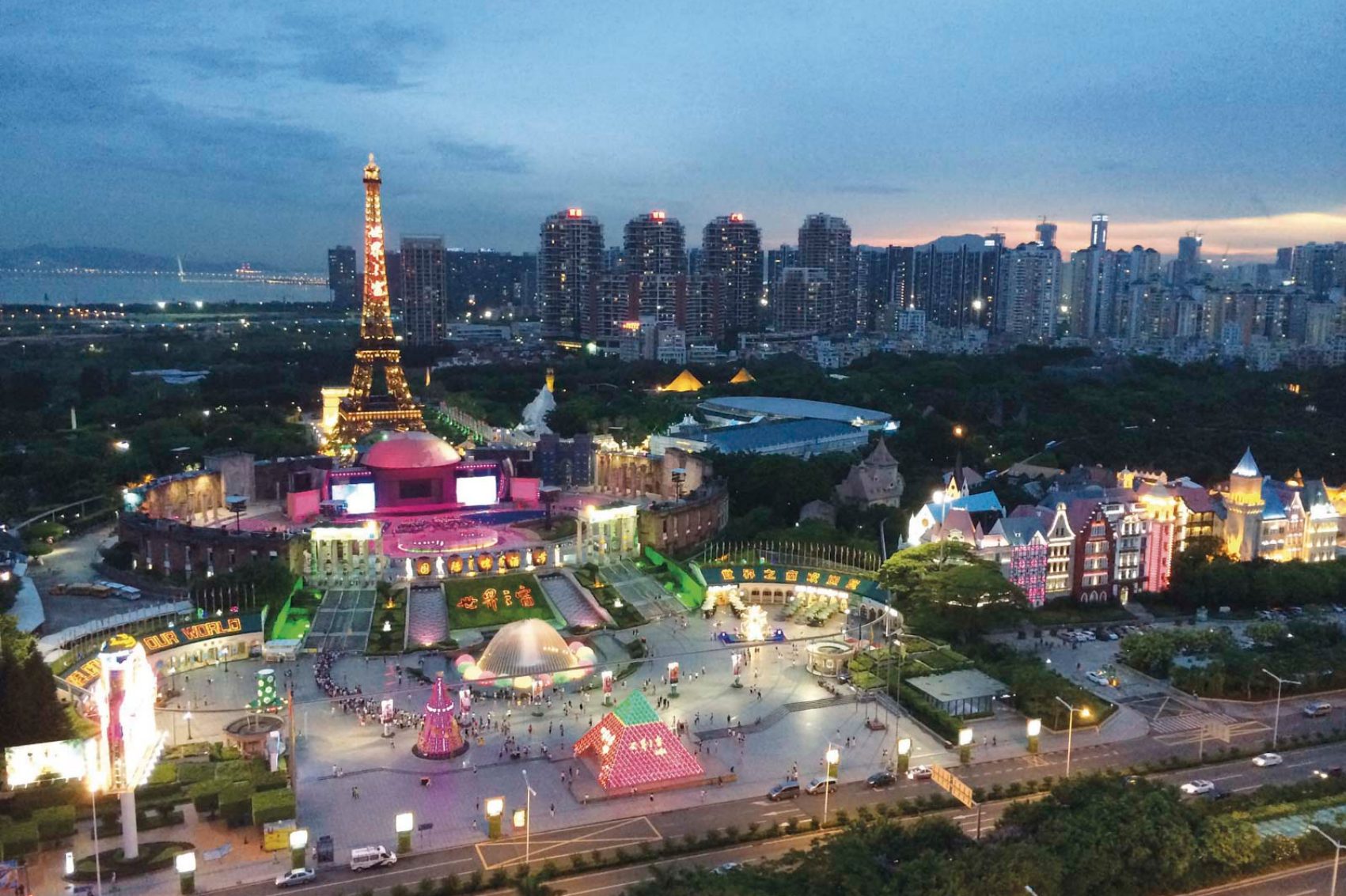 Urban Chinese skylines can be seen at Window of the World in Shenzhen, China, the theme park with replica landmarks