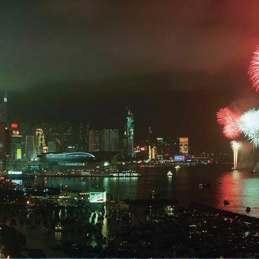 Fireworks over Hong Kong's Victoria Harbour to mark the British withdrawal from the territory 30 June. Credit: Ricky Chung/AFP/Getty Images