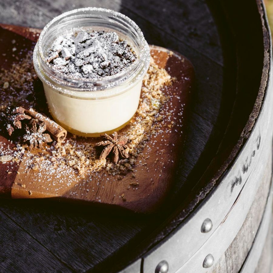 Lost in a Forest - Rum Pannacotta with orange caramello and gluten free cacao biscuit