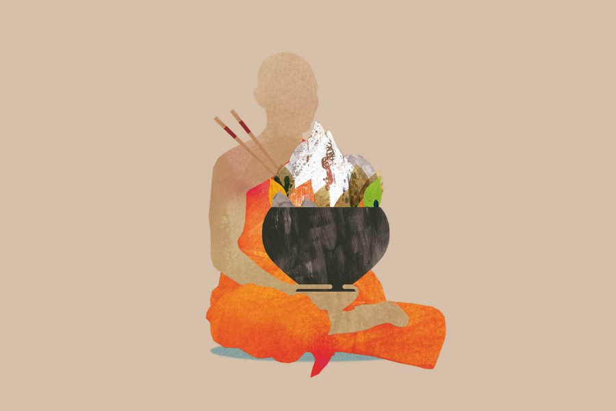 Asia giving alms to Buddhist monks illustration