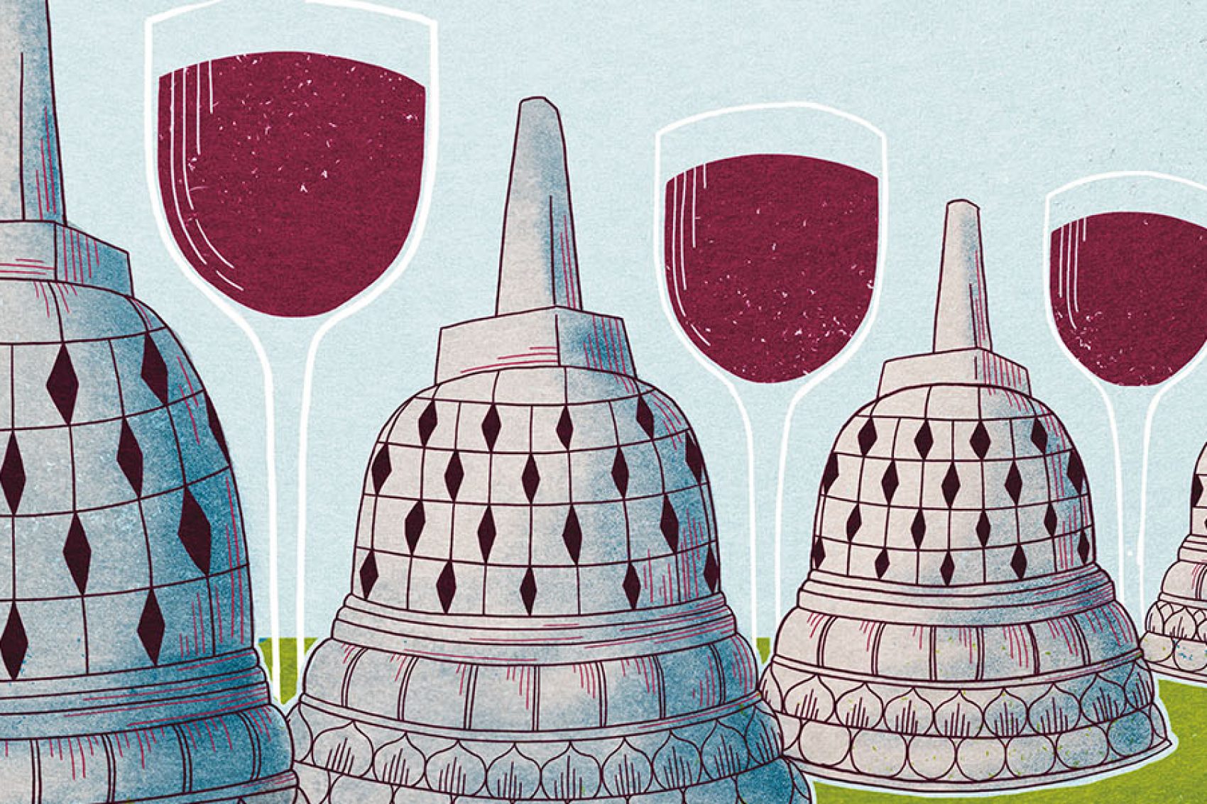 An illustration of wine glasses in between Indonesian stone stupas. Illustration: Christina Chung