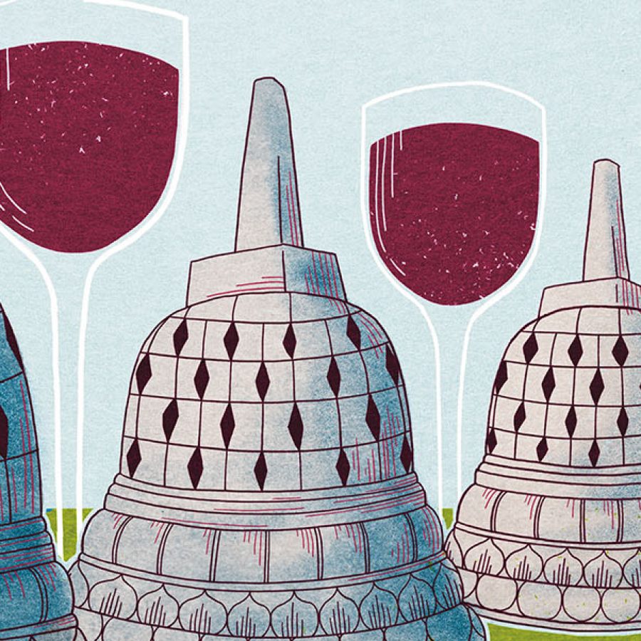 An illustration of wine glasses in between Indonesian stone stupas. Illustration: Christina Chung