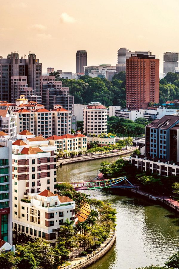 Singapore river and buildings with Alkaff Bridge (Singapore's ArtBridge)