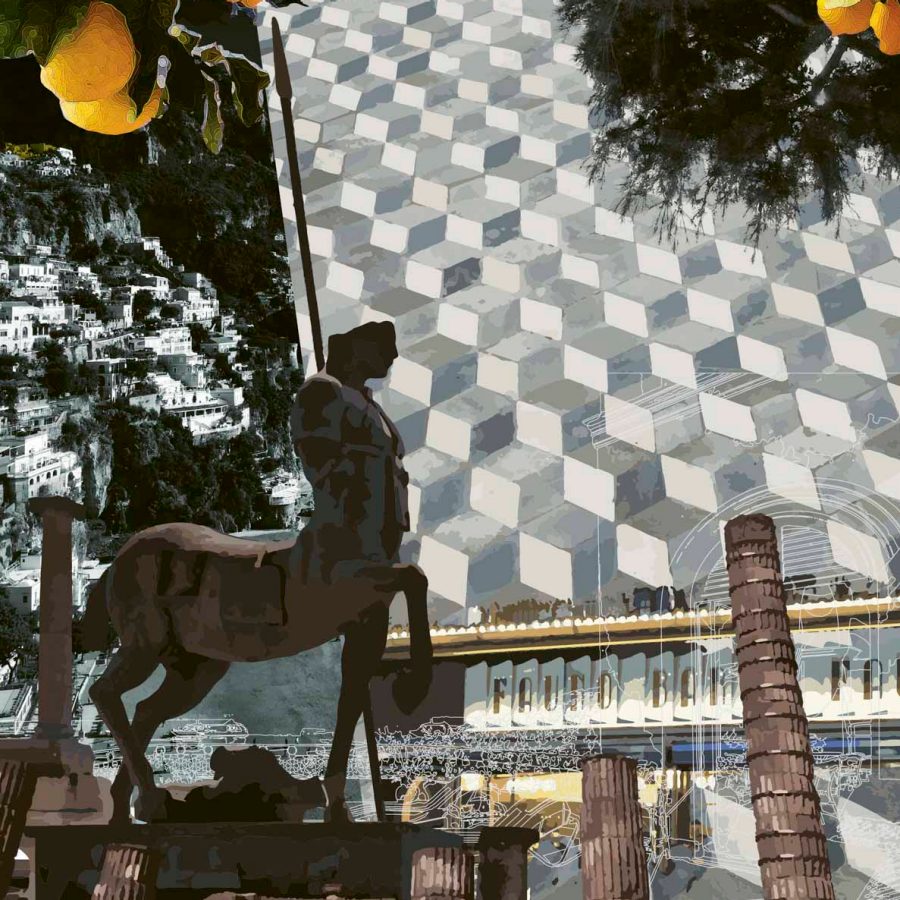 A creative collage image of Amalfi Coast street scene