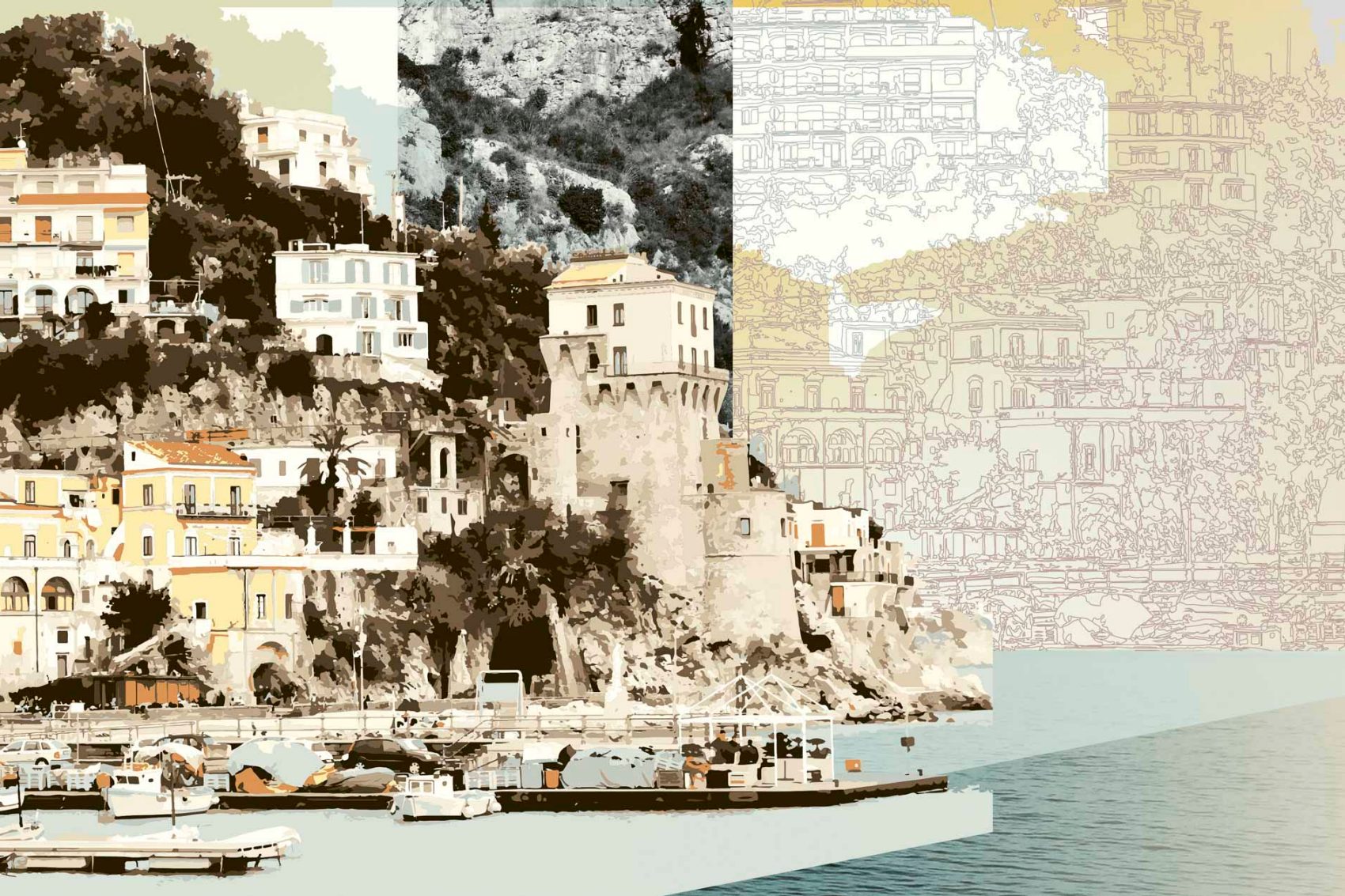 A creative collage image of the Amalfi Coast in Italy
