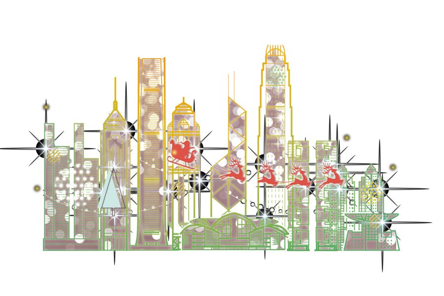 An illustration of festive lights on Hong Kong skyscrapers. Credit: Bay Leung