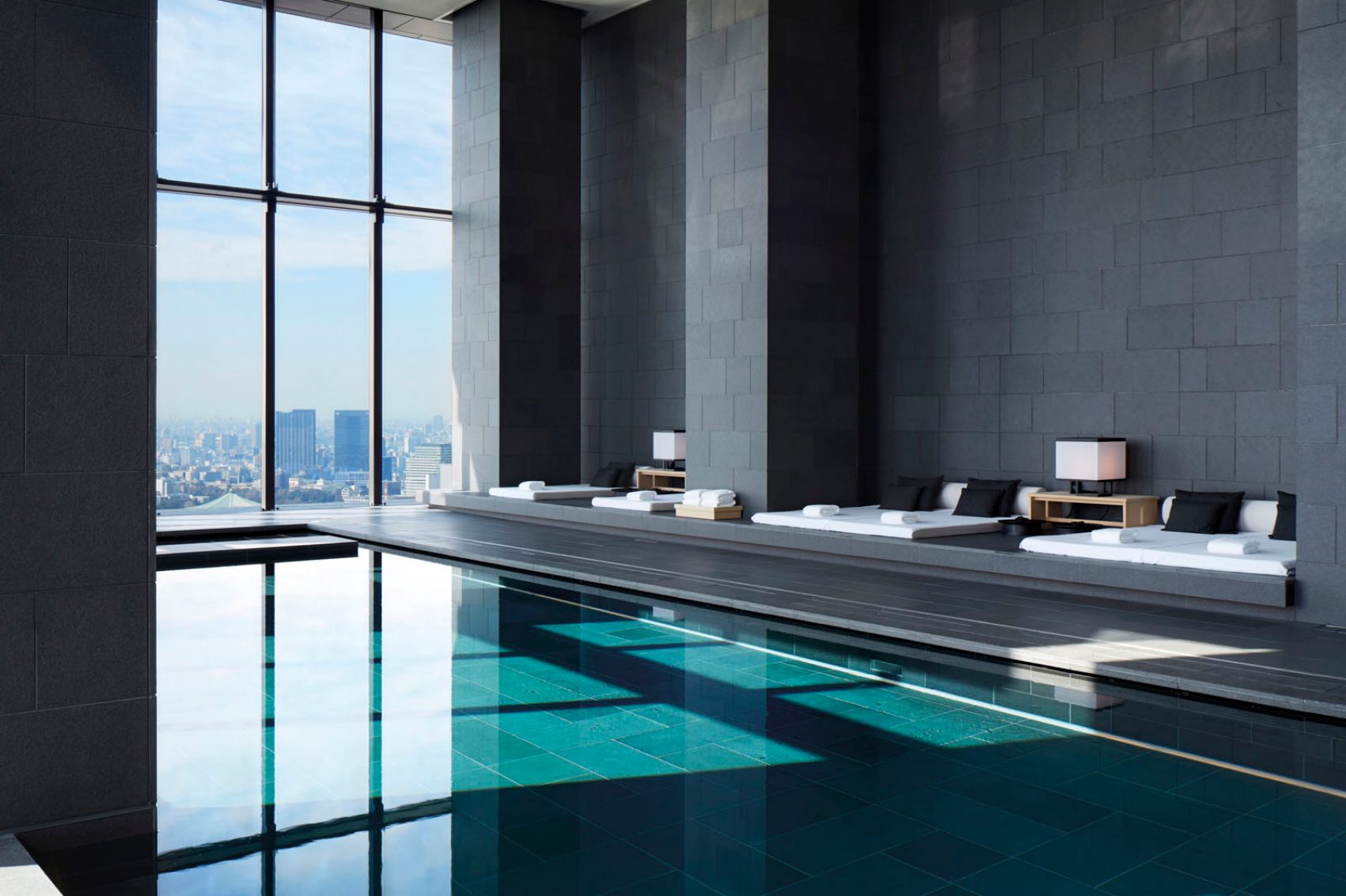Modern swimming pool with a view of Tokyo's skyline