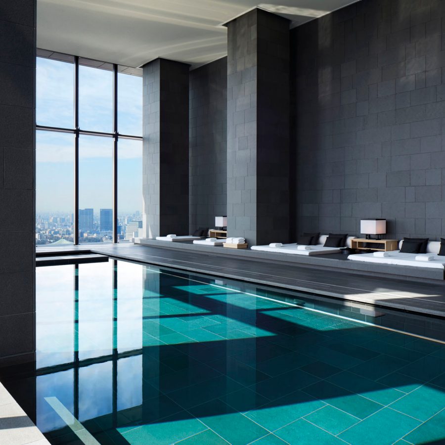 Modern swimming pool with a view of Tokyo's skyline