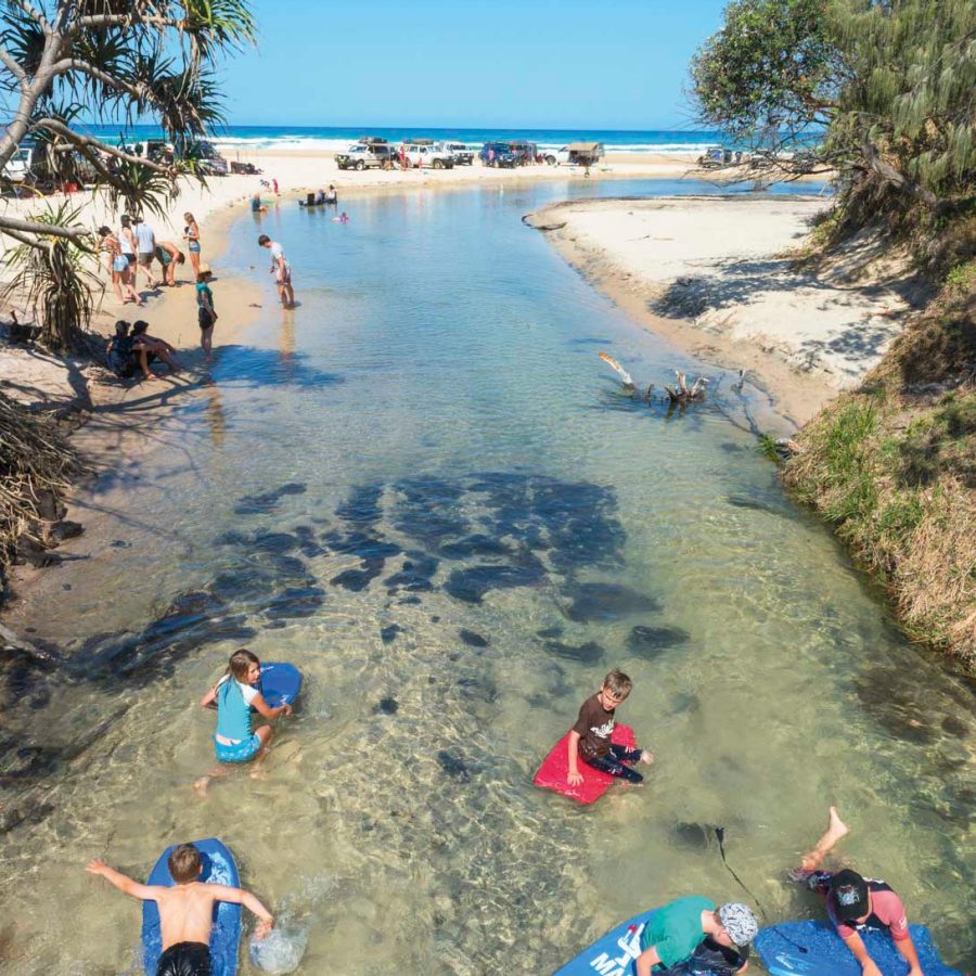 Children playing with swimming boards on the beach