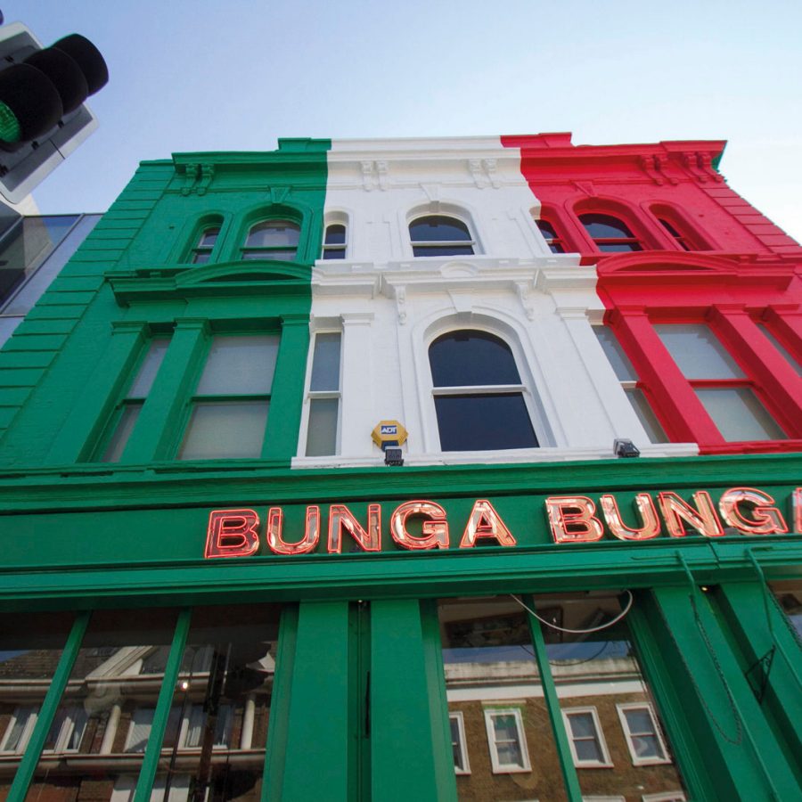 Battersea London. The owners of Bunga Bunga an Italian themed bar in Battersea London have painted the building exterior with Italian colours