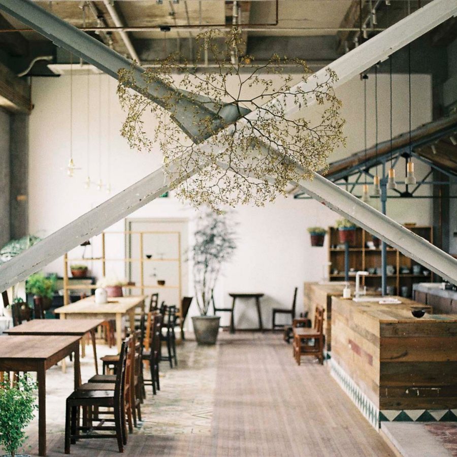 Empty room with tables and chairs