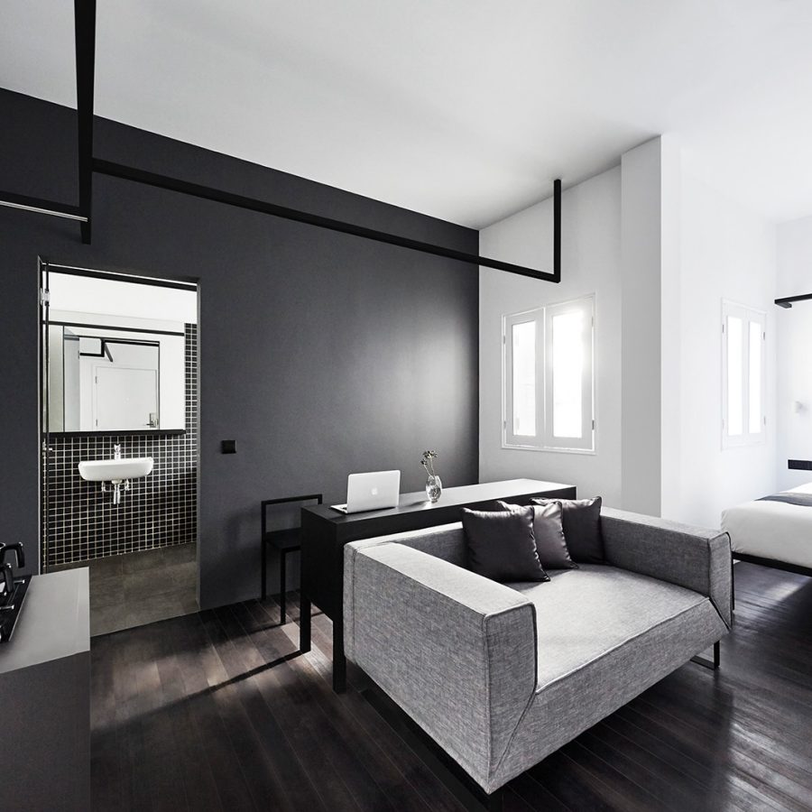 Black and white hotel room