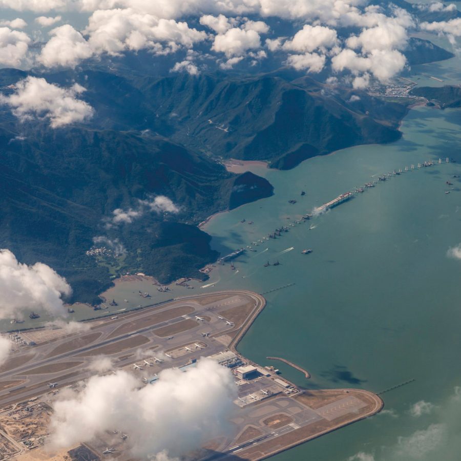 Ariel shot of Kai Tak with mountains in the background
