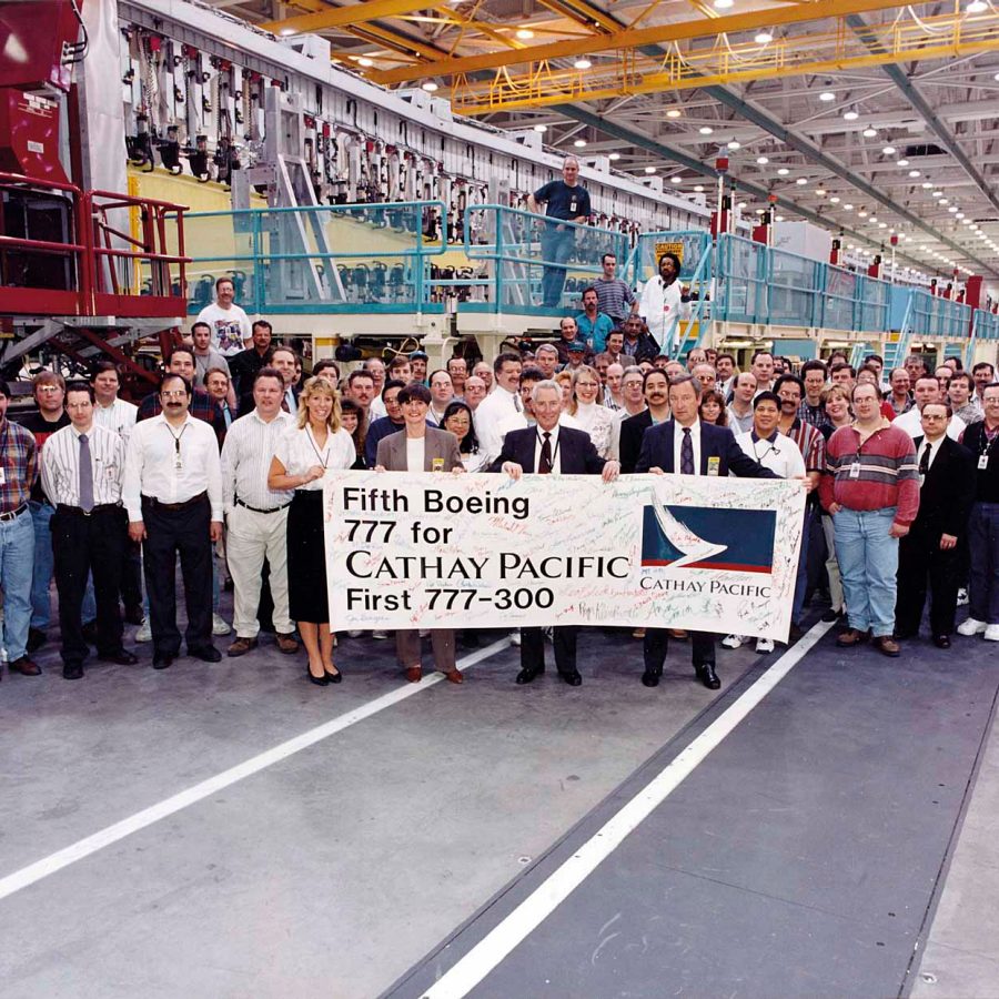 Crew celebrating the first Cathay Pacific 777-300 aircraft builds