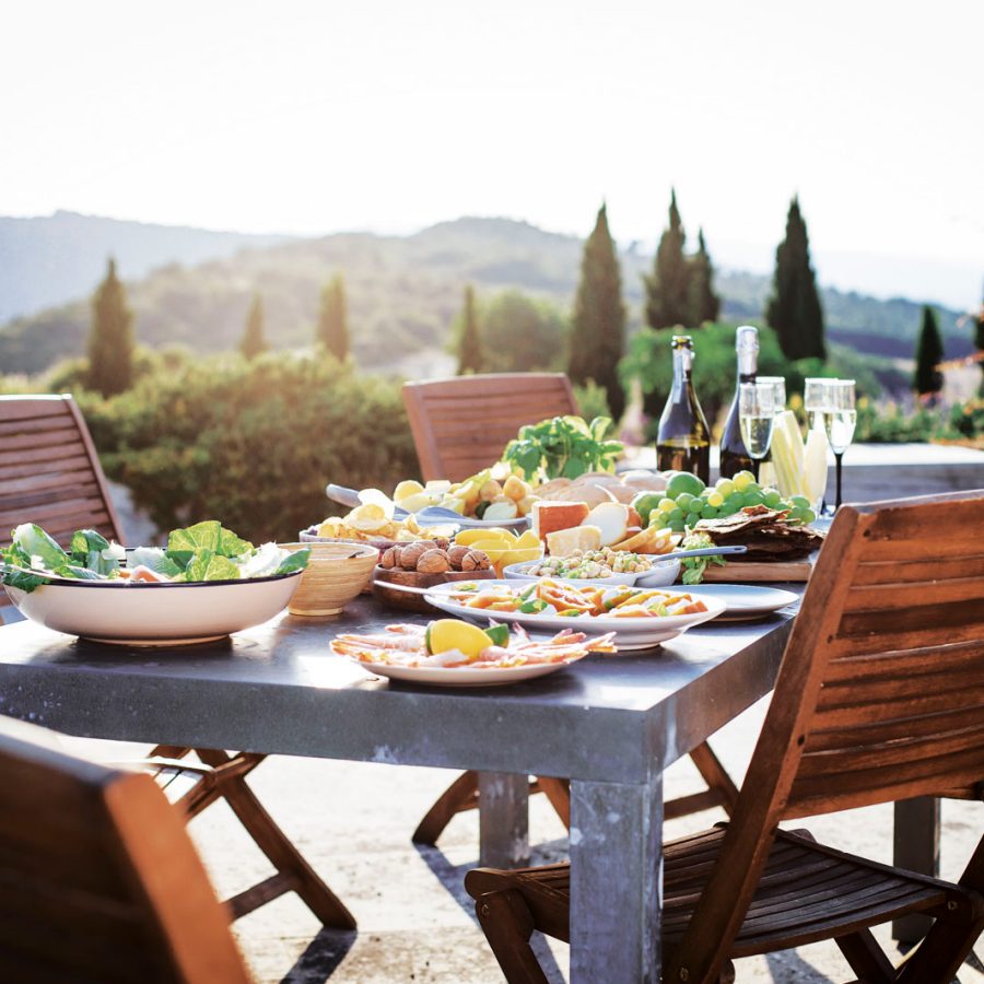 Seafood, salad, spaghetti and wine
