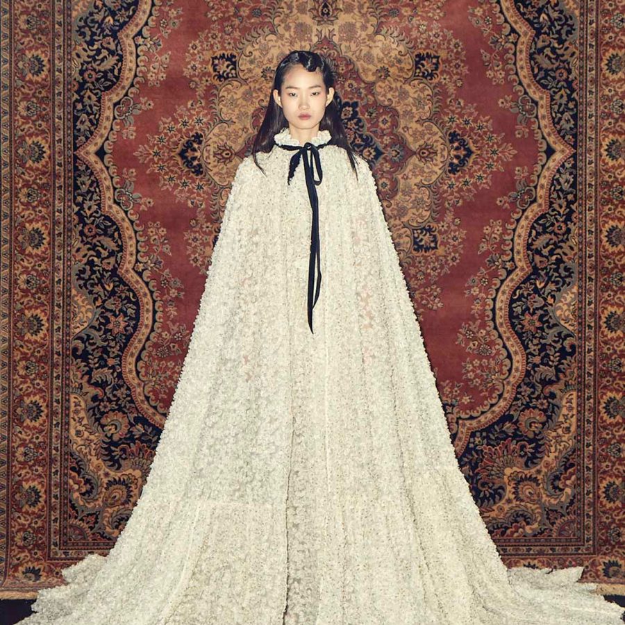 A female model showcasing design of YCH, the Korean fashion label 