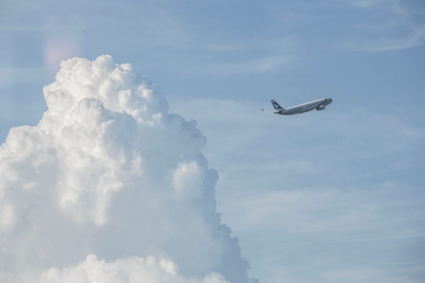 An aeroplane flies over the sky