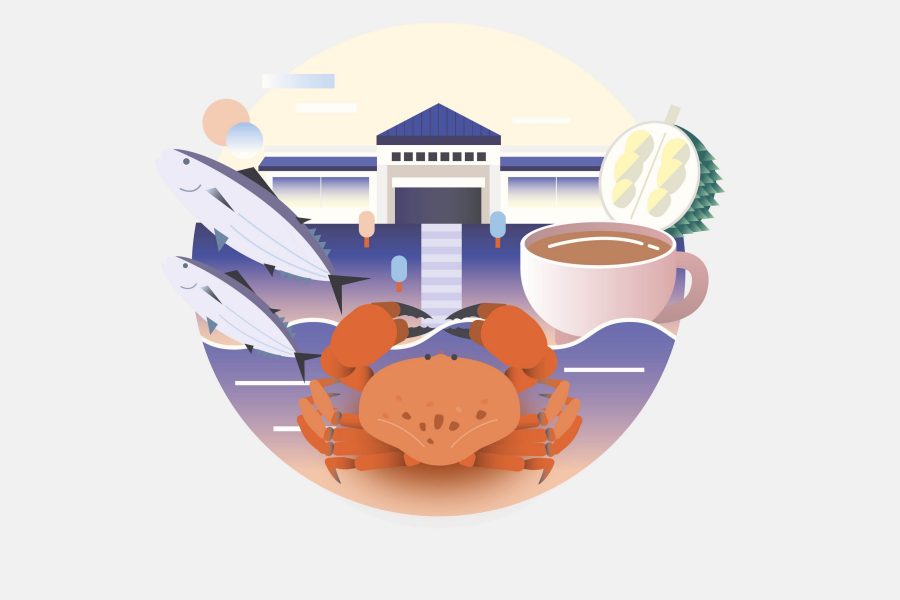An illustration of two fishes, a crab, a building, a durian and a cup of coffee.