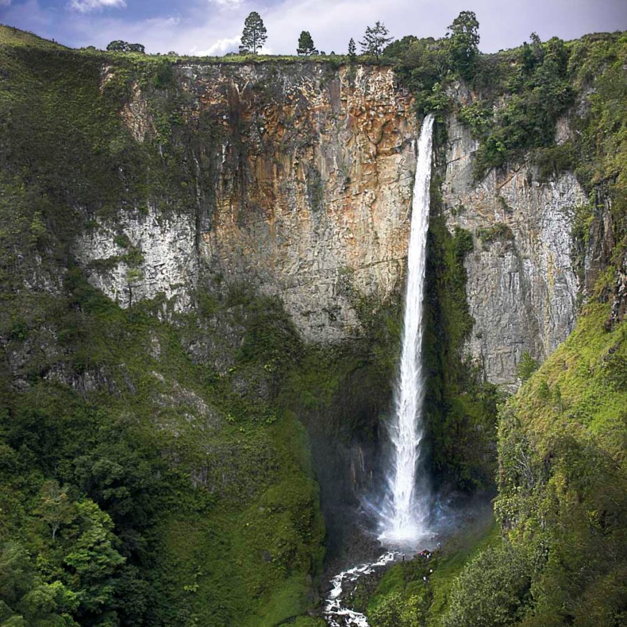 Beautiful waterfall stream over lush greenery