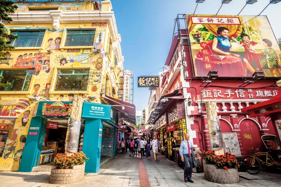 A view of colourful buildings in Rua Do Cunha, Macau, China (Greater Bay Area)