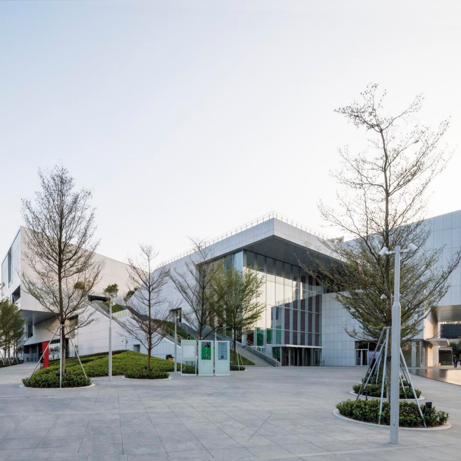 An exterior view of Sea World Culture and Arts Center during the day in Shekou, Shenzen, China 