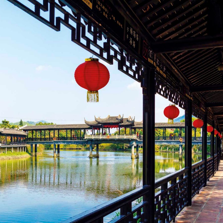 A view of the lake from the pavillion at Zhan Garden in Beitai Village, Zhongshan, China (Greater Bay Area) 