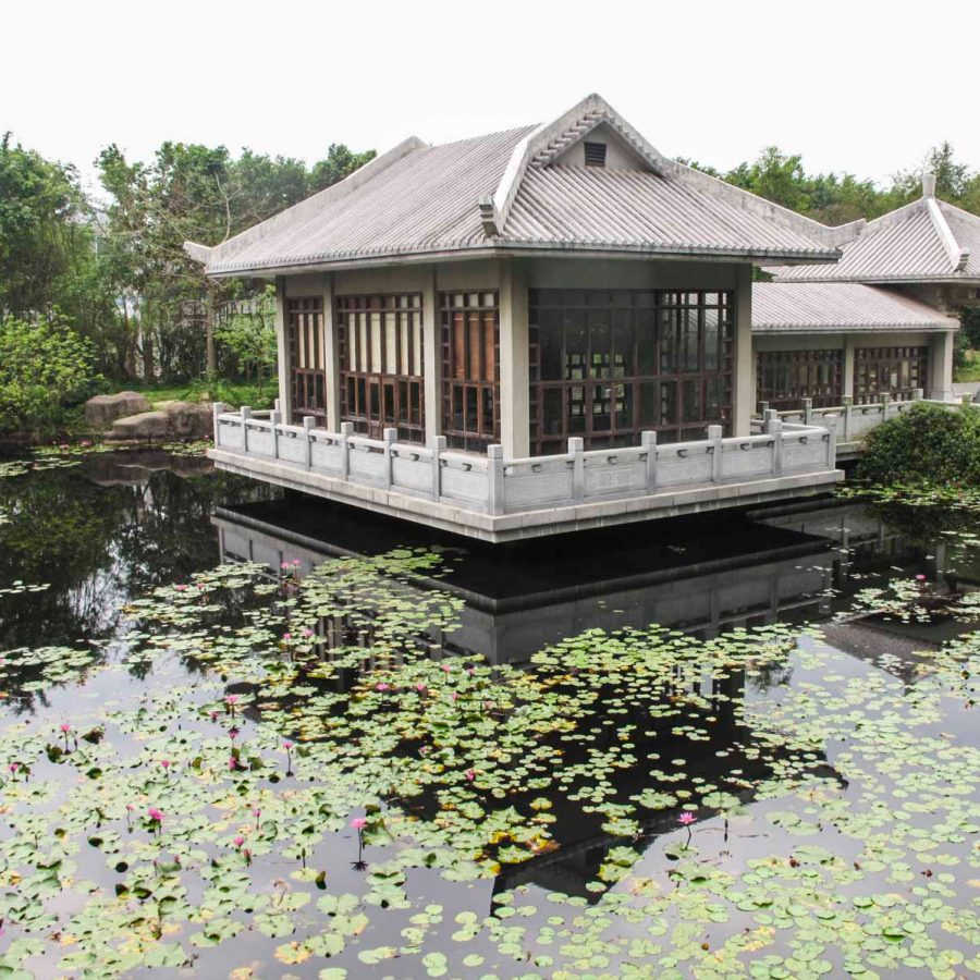 An exterior view of the pavillion by the lake at Zhan Garden in Beitai Village, Zhongshan, China (Greater Bay Area)