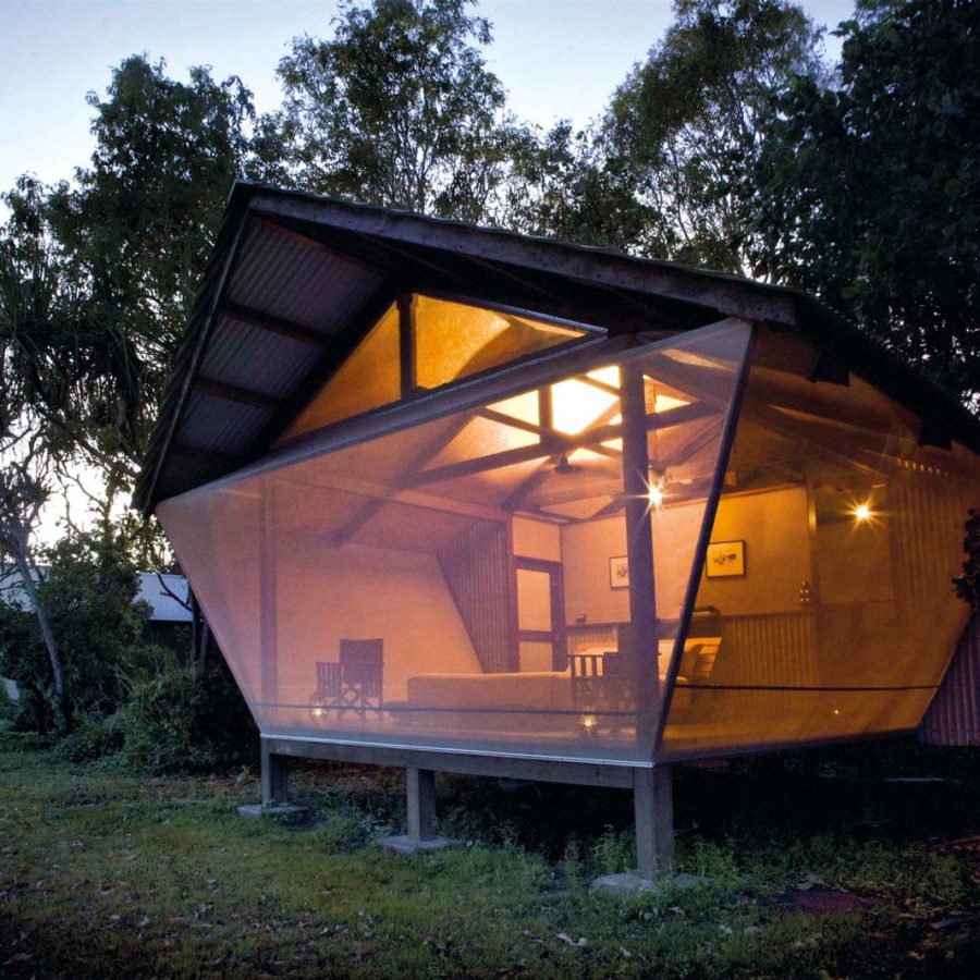 High glass window lodge at dusk. Credit: Archi Sartracom
