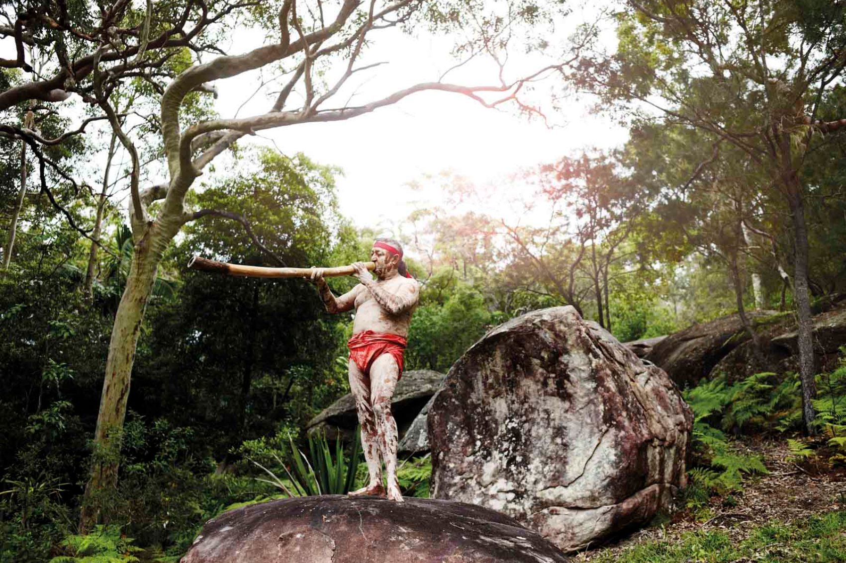 Aborigine Guringai man blowing horn