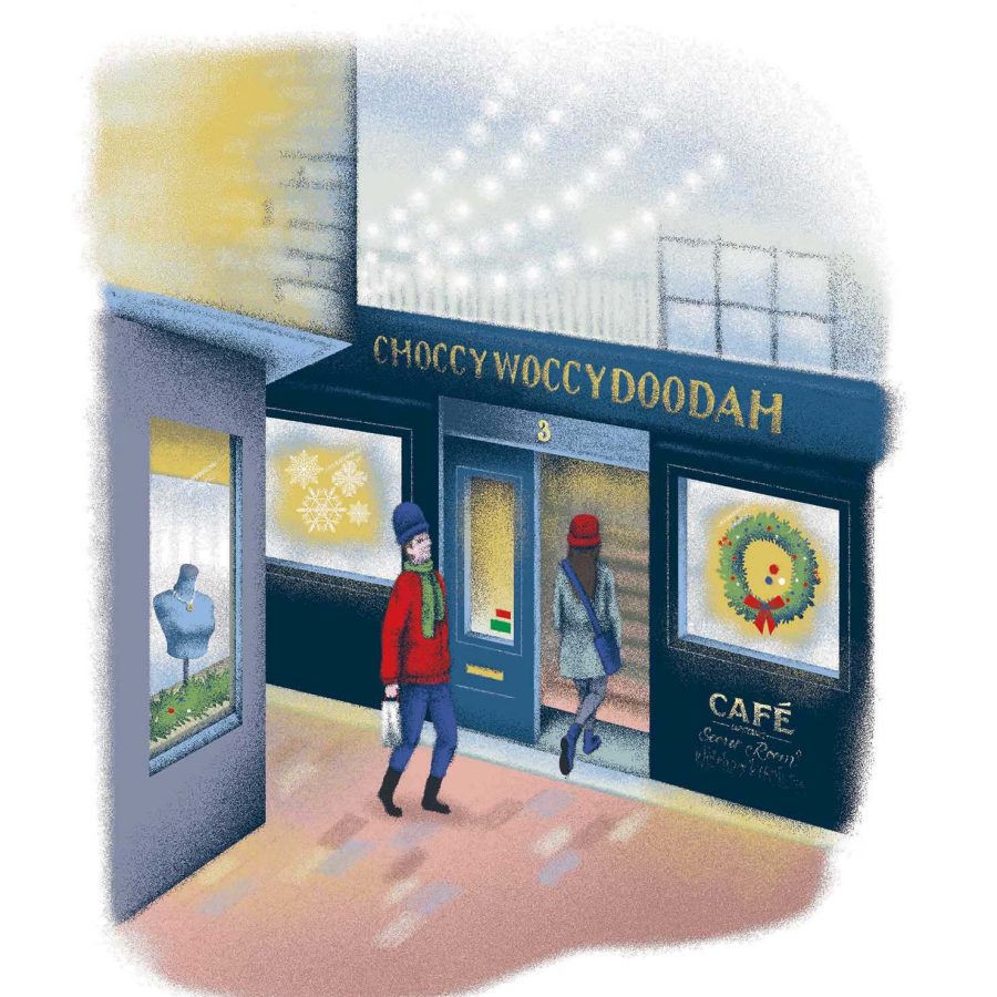 An illustration of English Christmas shopping. Credit: Angela Ho