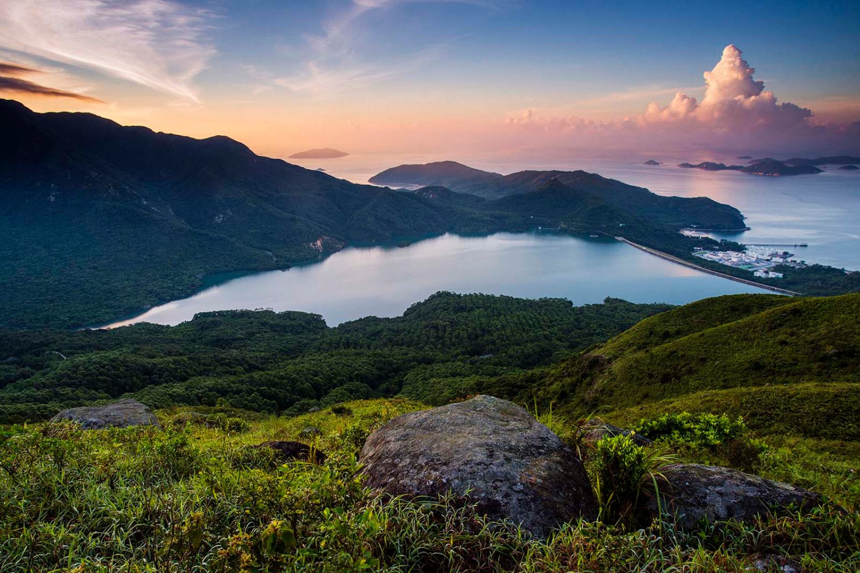 Dawn falls on Kwun Yan Shan on Lantau Island, Hong Kong