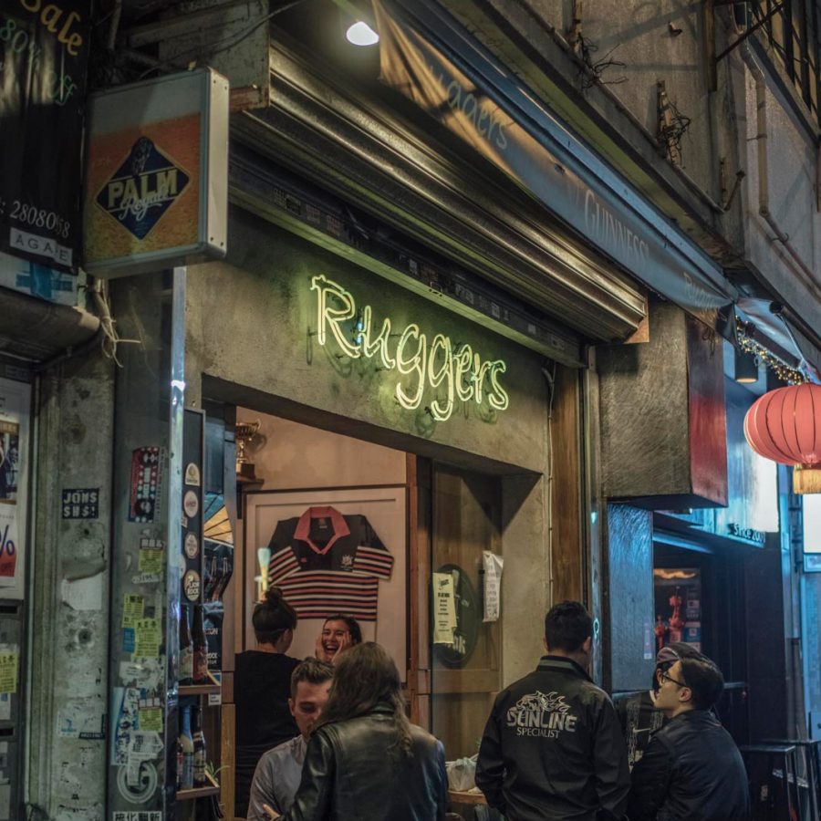 Locals drink outside Ruggers