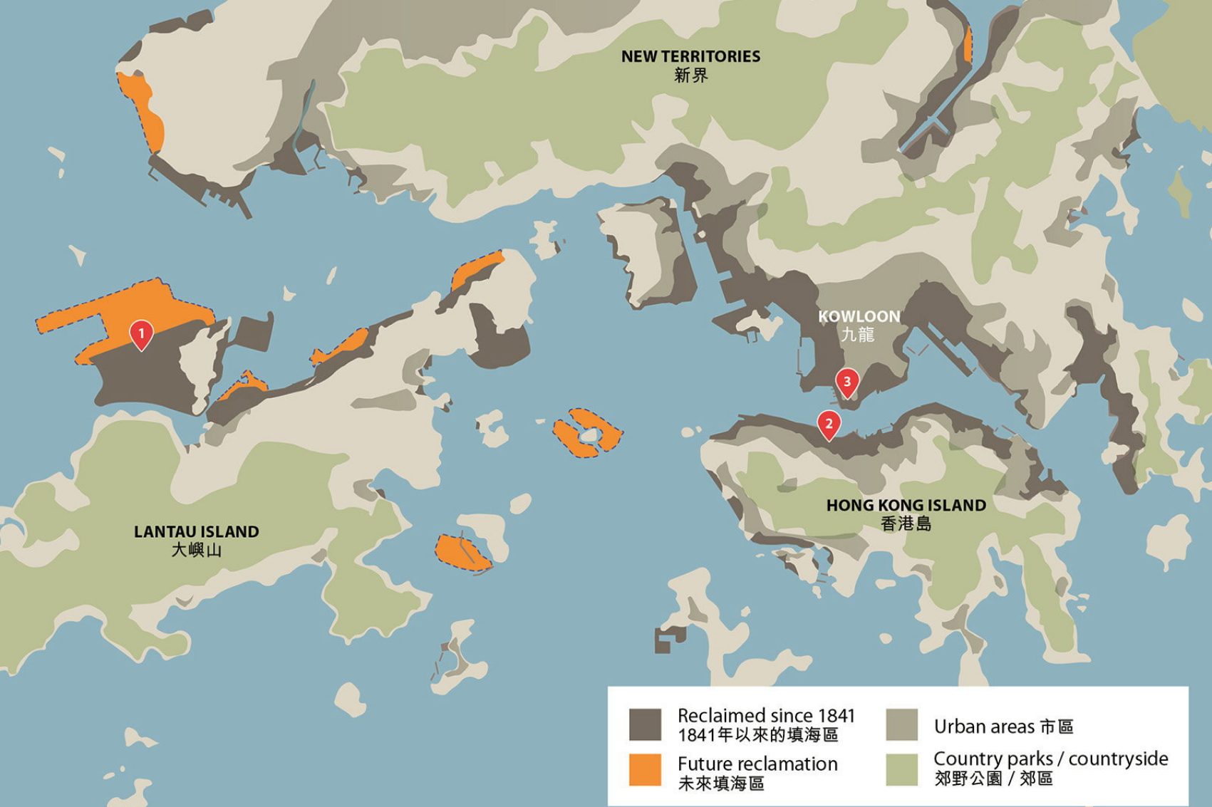 Illustrated map showing the reclaimed land