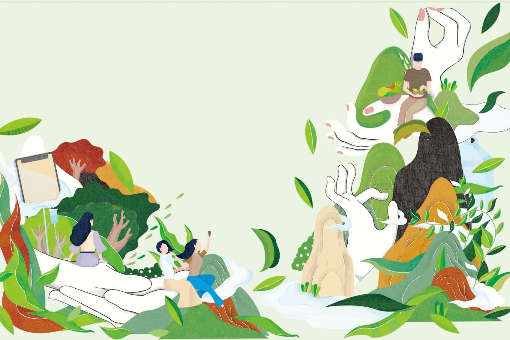 Illustration of people in a fantasy nature and wellness reserve