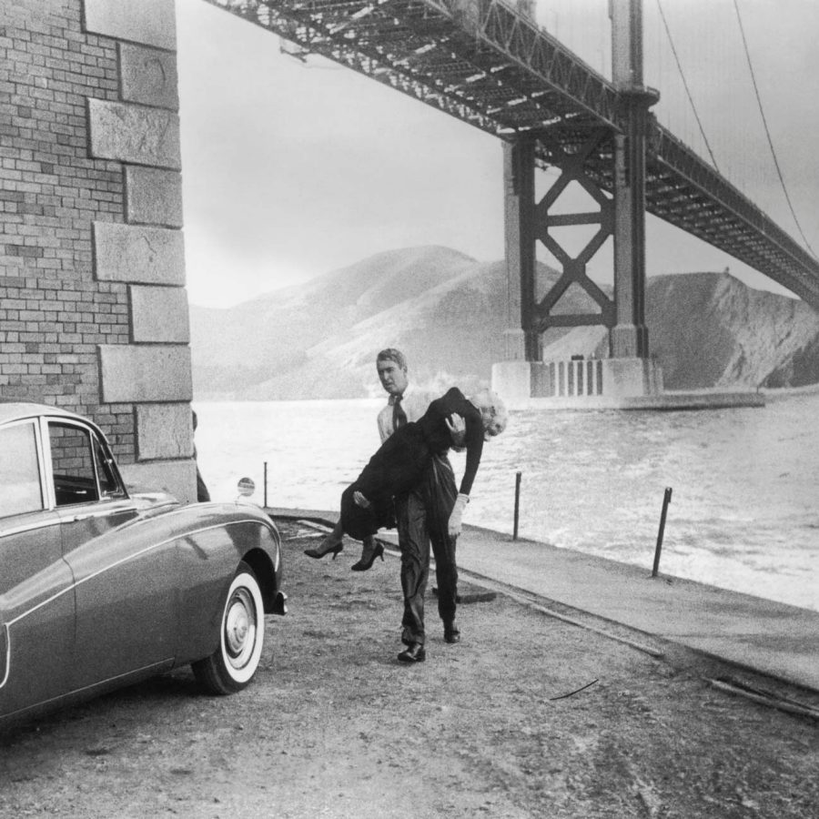 Black and white movie scene under Golden Gate Bridge