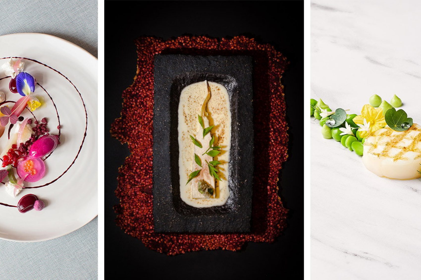 From left: Odette’s heirloom beetroots, Nouri’s wild rice stem and Jaan by Kirk Westaway’s halibut and peas