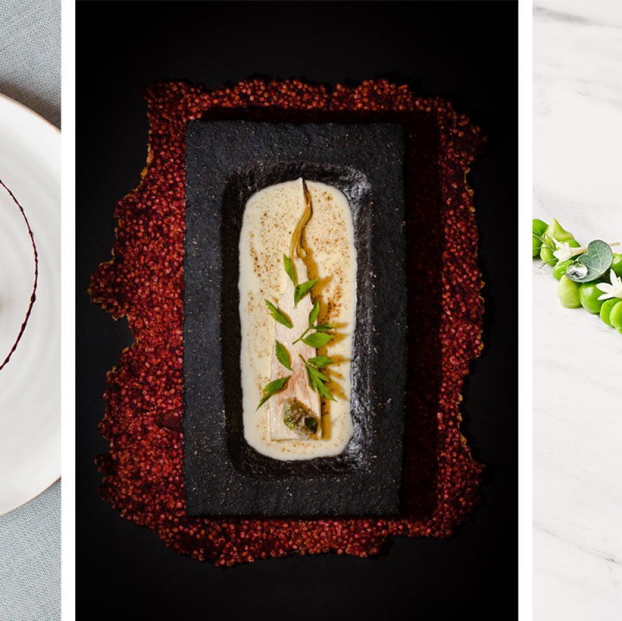 From left: Odette’s heirloom beetroots, Nouri’s wild rice stem and Jaan by Kirk Westaway’s halibut and peas